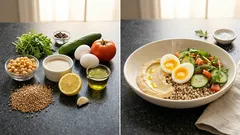 Wytrawny bowl śniadaniowy z kaszą gryczaną, hummusem i jajkiem na półmiękko