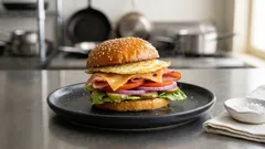 Burger z jajkiem i omletem – ciepła kanapka, która syci na długo