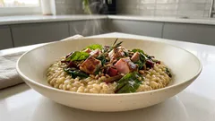 Wiosenne kaszotto z indykiem i botwinką – kremowy pęczak w jednym garnku