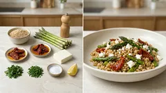 Kasza pęczak ze szparagami, suszonymi pomidorami i fetą – szybki wiosenny obiad