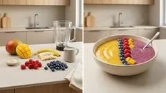Dwukolorowa smoothie bowl: mango z bananem i maliny z borówkami w 10 minut