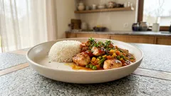 Kurczak z ryżem i mrożonką meksykańską w sosie pomidorowym – obiad z patelni