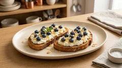 Kanapki na słodko z twarożkiem grani, borówkami i miodem — gotowe w 10 minut