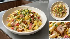 Sałatka makaronowa z wędzonym kurczakiem i ananasem – sycąca, a robi się ją w 20 minut